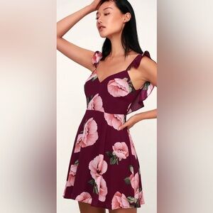 NWT Lulus Floral Print Backless Ruffle Burgundy Maroon Skater Dress Valentines
